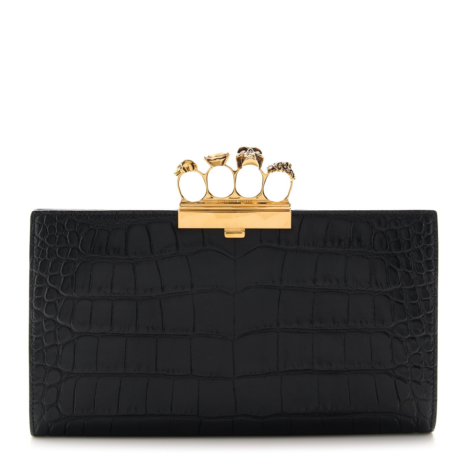 Alexander McQueen Calfskin Crocodile Embossed Knuckle Flat Clutch Black Gold 1 of 10