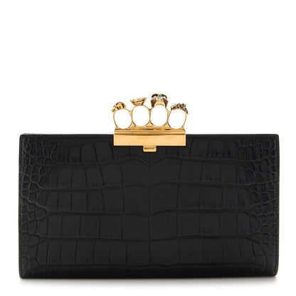 Alexander McQueen Calfskin Crocodile Embossed Knuckle Flat Clutch Black Gold 1 of 10