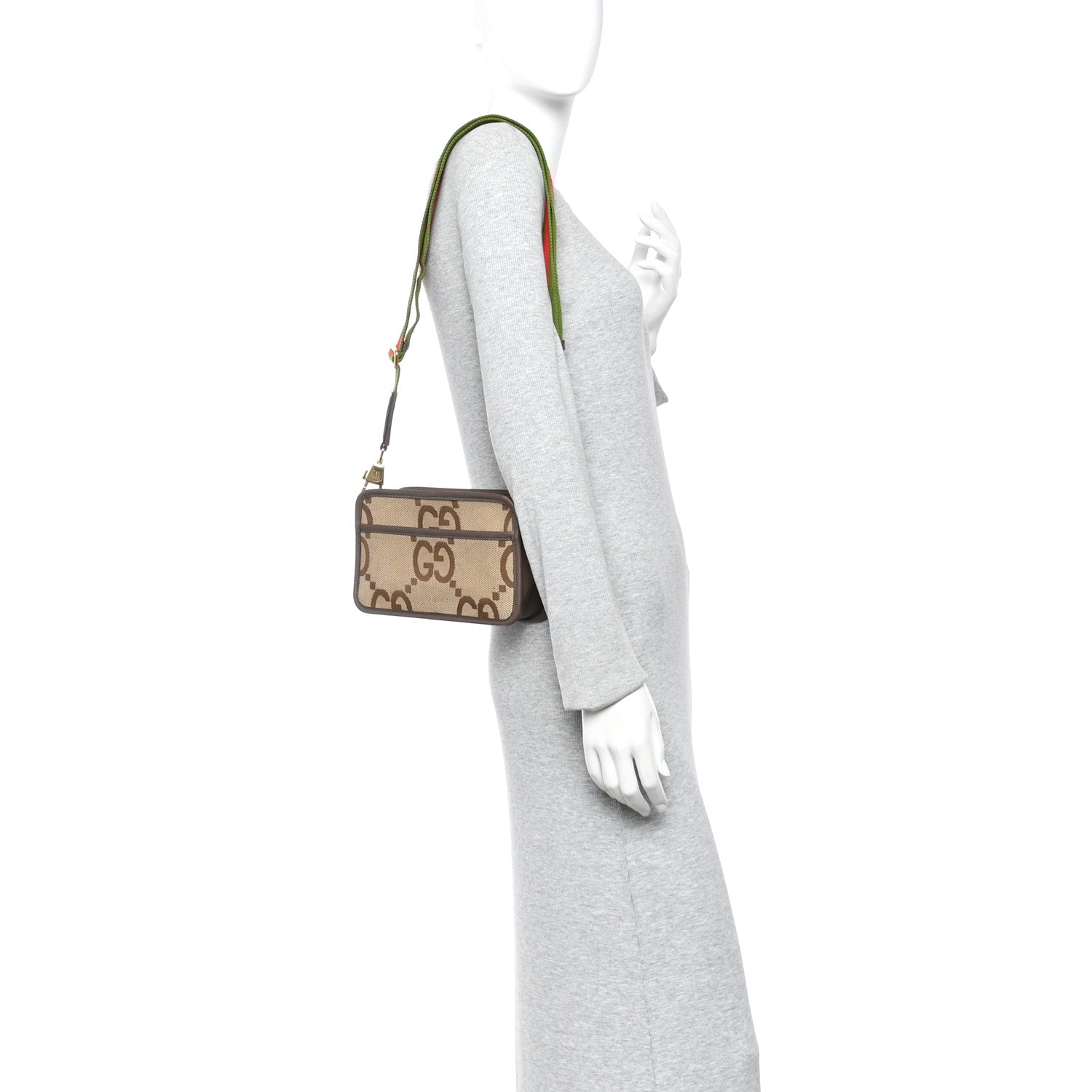 Gucci Monogram Jumbo GG Textured Dollar Calfskin Web Mini Crossbody Bag Camel Ebony New Acero 2 of 10