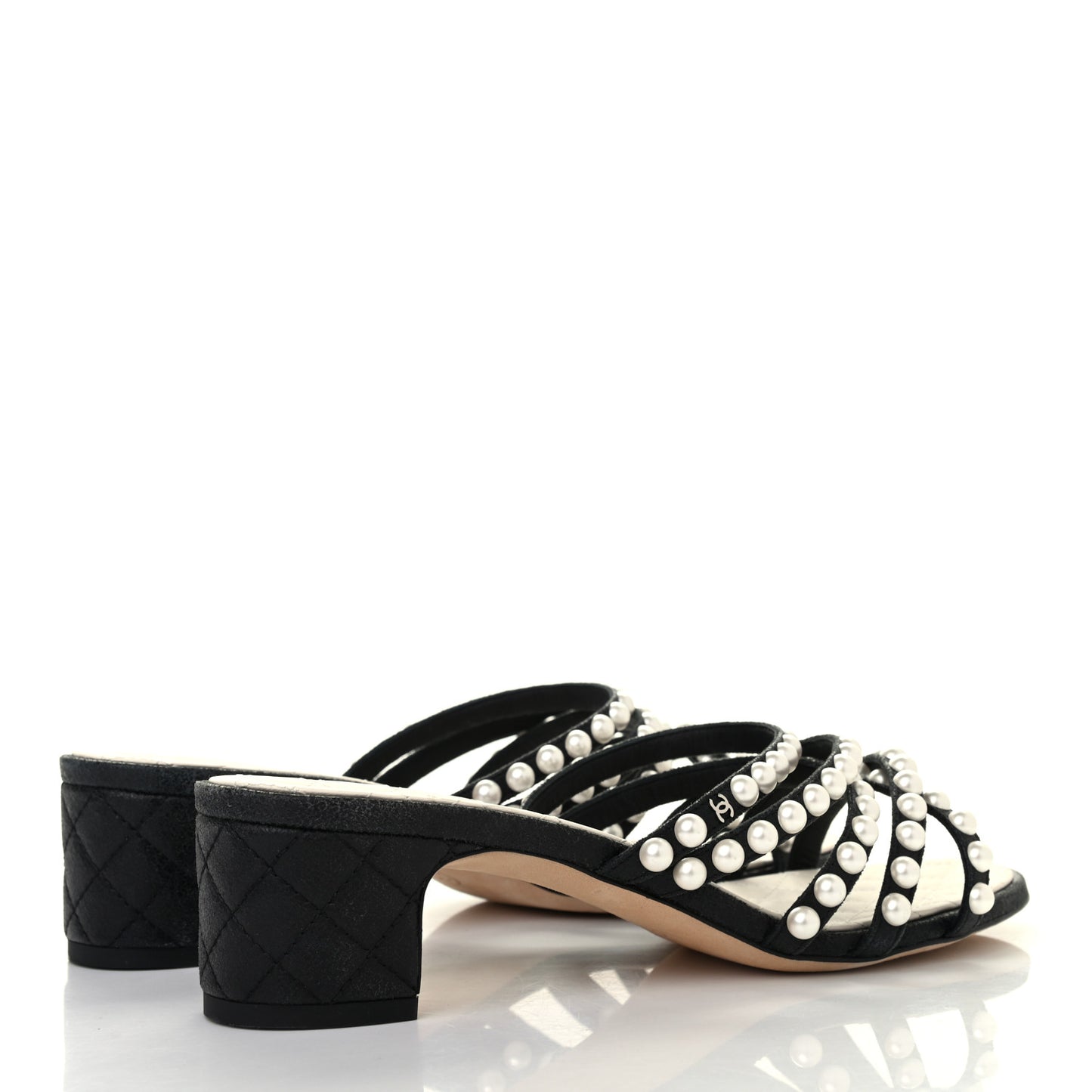 Goatskin Quilted Pearl Mule Sandals 38.5 Black