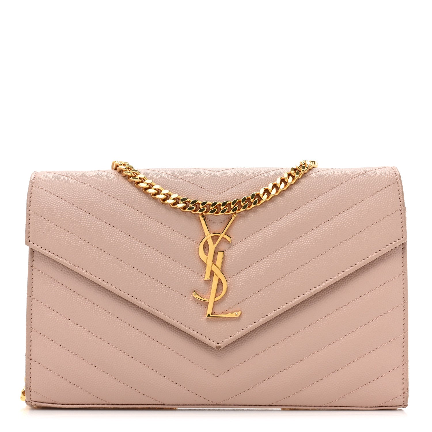 Saint Laurent Grain De Poudre Matelasse Chevron Monogram Chain Wallet Pale Pink 1 of 18
