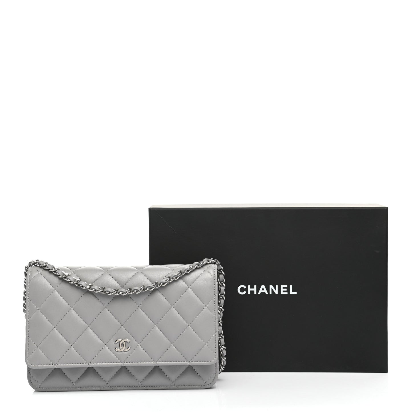 Lambskin Quilted Wallet On Chain WOC Grey
