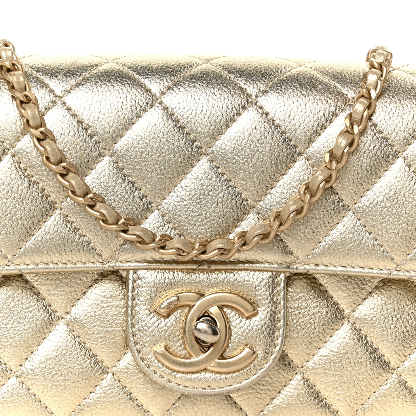 Metallic Caviar Quilted Mini Rectangular CC Slide Flap Light Gold