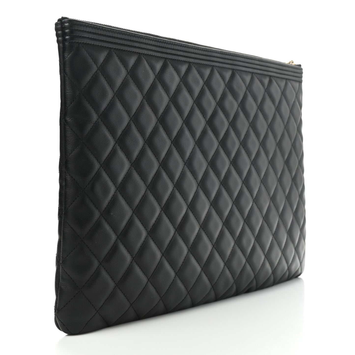 Lambskin Quilted Large Boy Zip Pouch Black