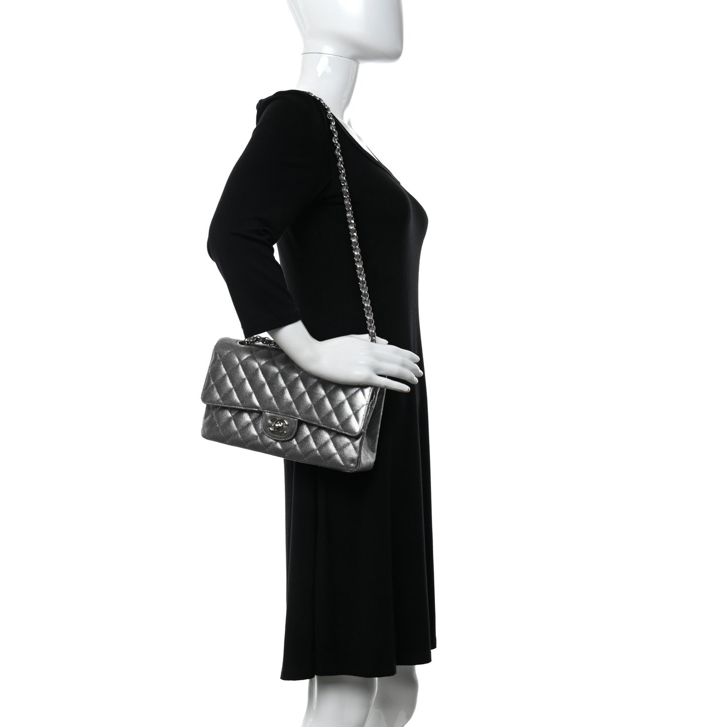 Calfskin Metallic Pixel Effect Medium Double Flap Silver