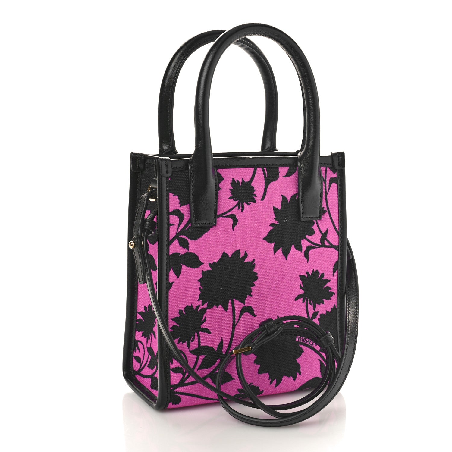 Versace Calfskin Cotton Floral Printed La Medusa Mini Book Tote Black Water Lily 3 of 8