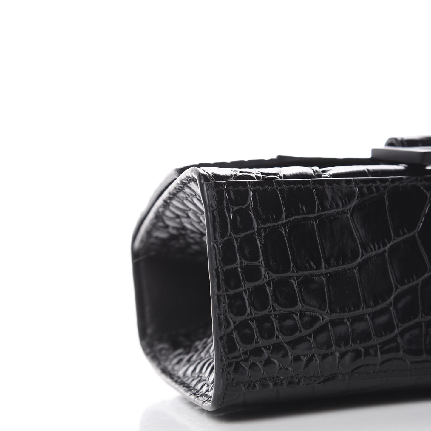 Shiny Calfskin Monochrome Crocodile Embossed Hourglass Top Handle Bag XS Black