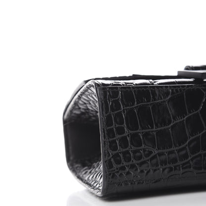 Balenciaga Shiny Calfskin Monochrome Crocodile Embossed Hourglass Top Handle Bag XS Black 5 of 8
