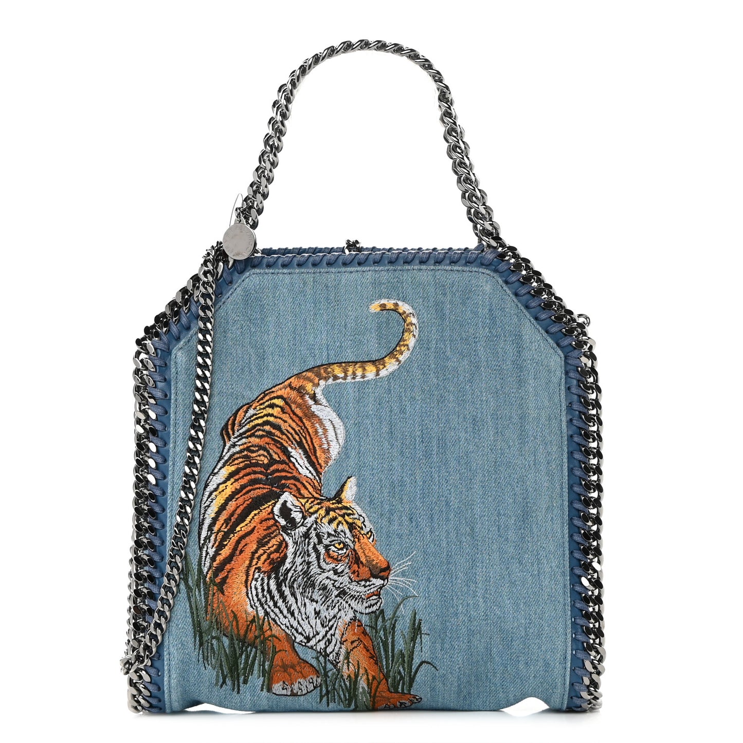 Denim Embroidered Tiger Mini Falabella Tote Blue