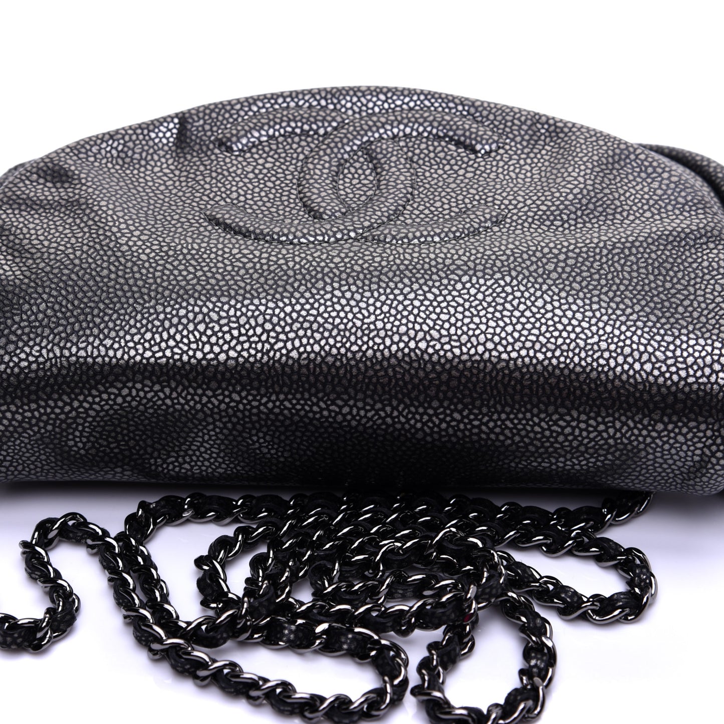 Metallic Caviar Half Moon Wallet On Chain WOC Dark Silver