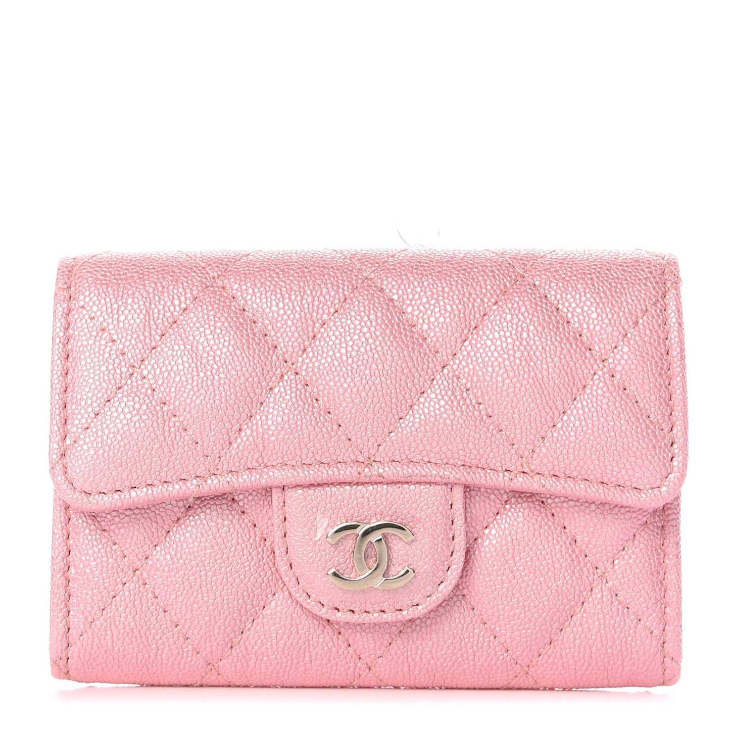 Iridescent Caviar Quilted Flap Card Holder Rose Pink