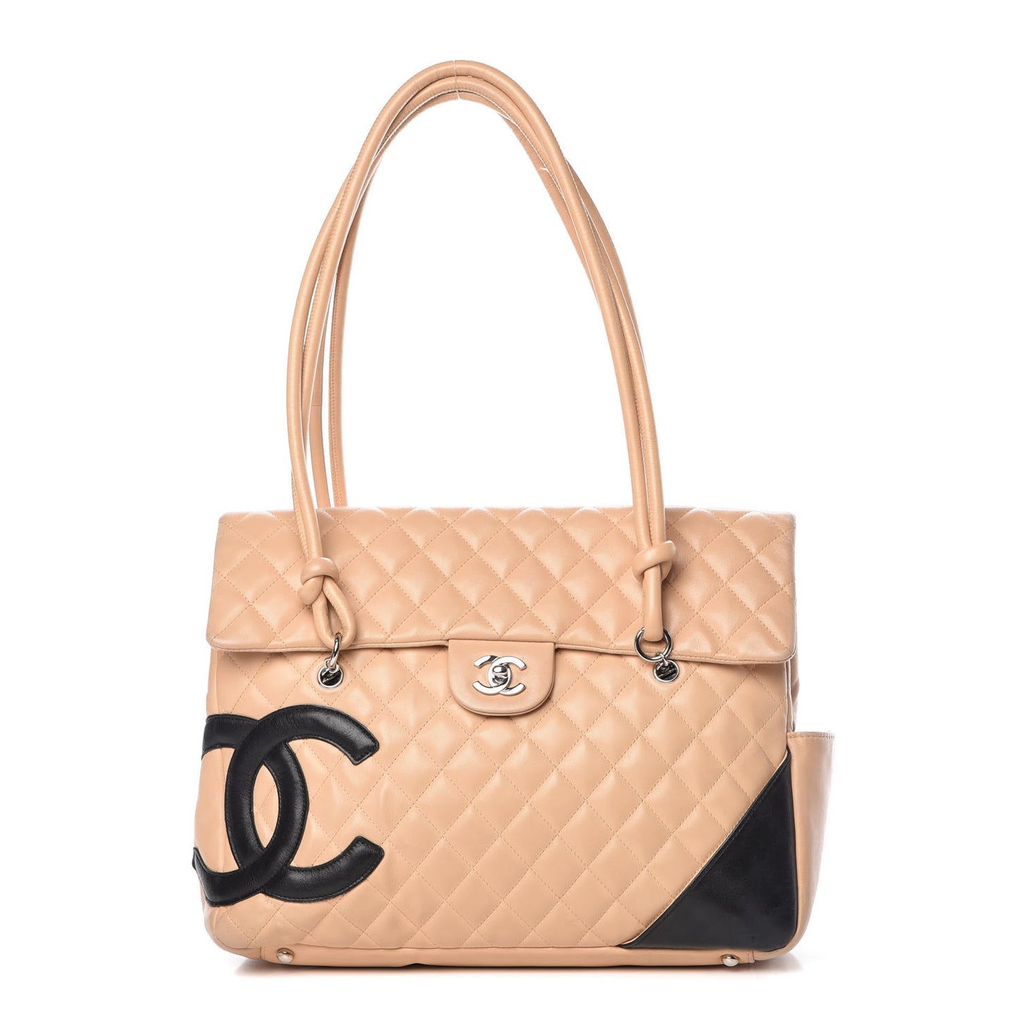 Calfskin Quilted Large Cambon Flap Beige Black