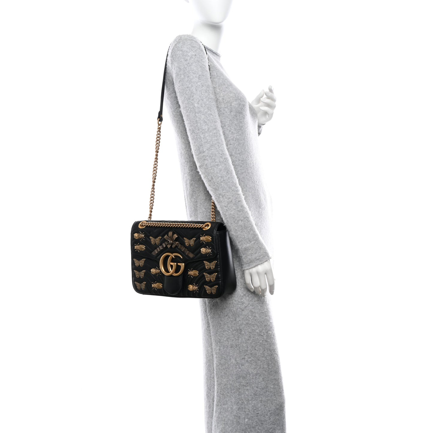 Calfskin Matelasse Animal Studs Medium GG Marmont Shoulder Bag Black