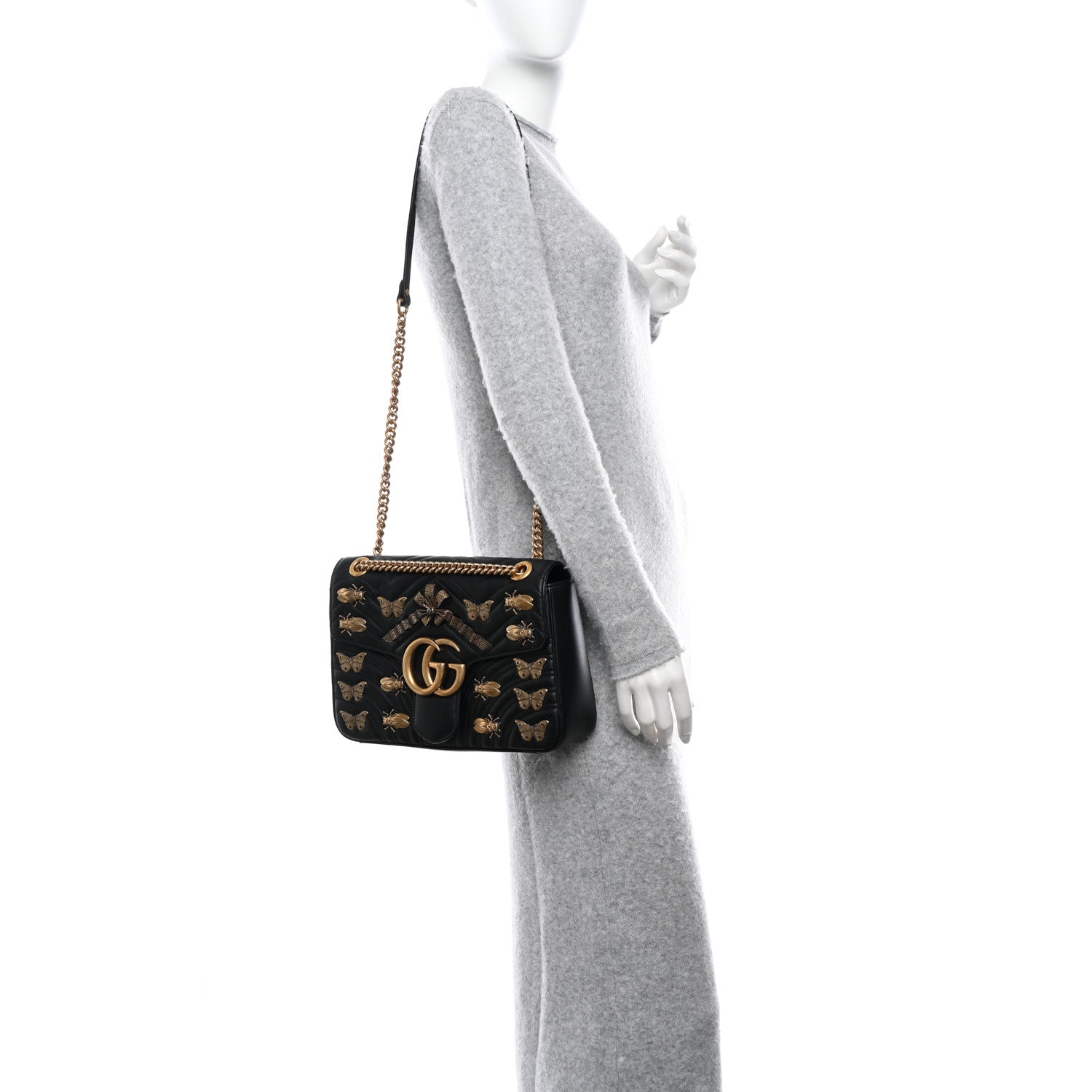 Gucci Calfskin Matelasse Animal Studs Medium GG Marmont Shoulder Bag Black 2 of 11