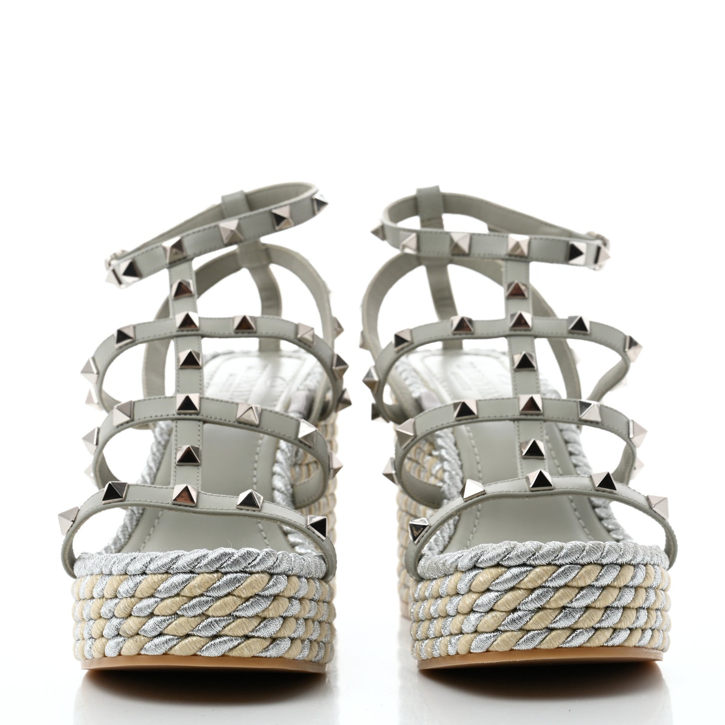 Calfskin Rockstud Ankle Strap Torchon Espadrille Caged 25/95mm Wedge Sandals 38 Opal Grey Argento Champagne