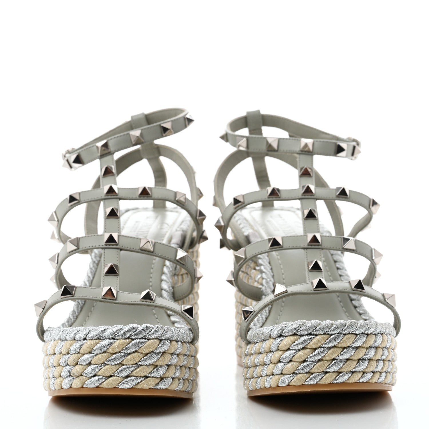 Valentino Garavani Calfskin Rockstud Ankle Strap Torchon Espadrille Caged 25/95mm Wedge Sandals 38 Opal Grey Argento Champagne 2 of 8