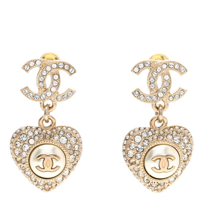 Chanel Pearl Crystal CC Heart Drop Earrings Gold White 1 of 4