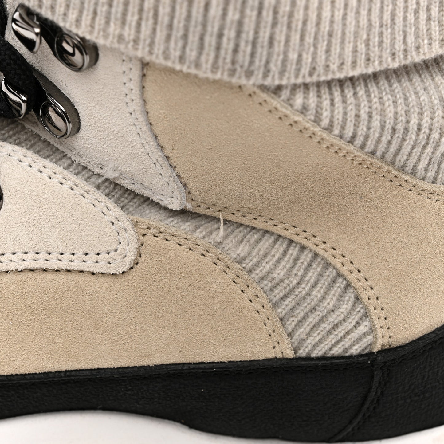 Suede Calfskin Knit CC High Top Lace Up Sneakers 40 Ivory Light Gray