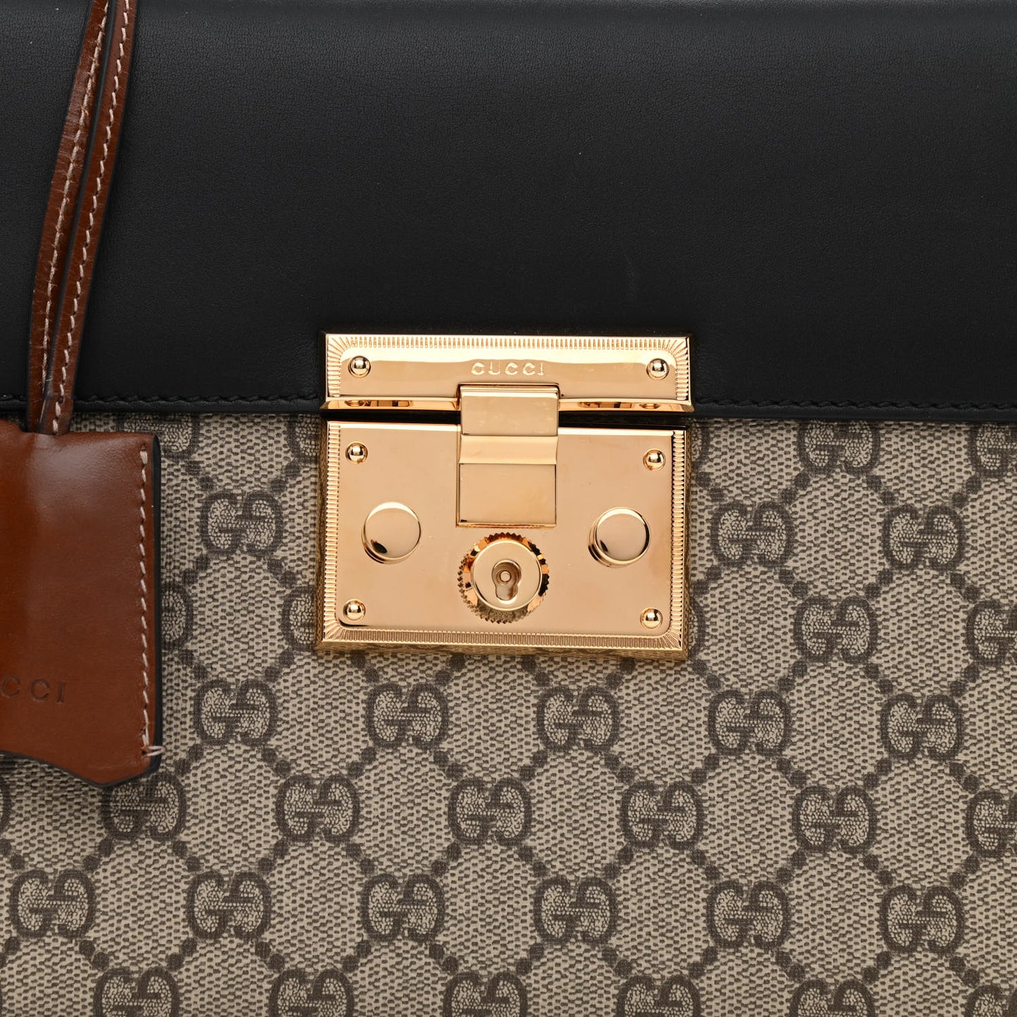 GG Supreme Monogram Calfskin Small Padlock Top Handle Bag Beige Black Cuir
