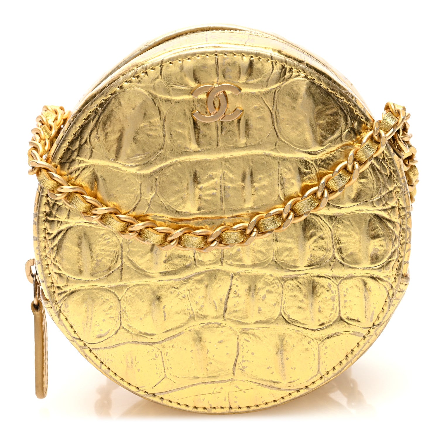 Chanel Metallic Calfskin Crocodile Embossed Cocodile Round Clutch with Chain Gold 1 of 10