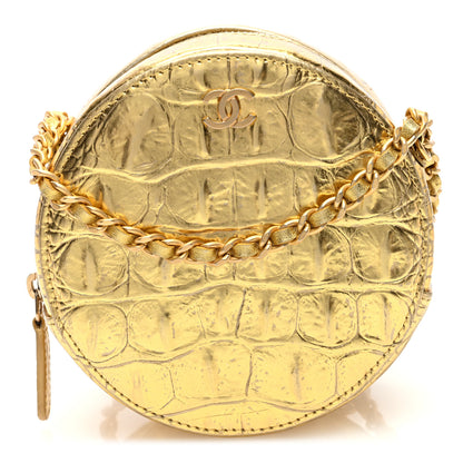 Chanel Metallic Calfskin Crocodile Embossed Cocodile Round Clutch with Chain Gold 1 of 10