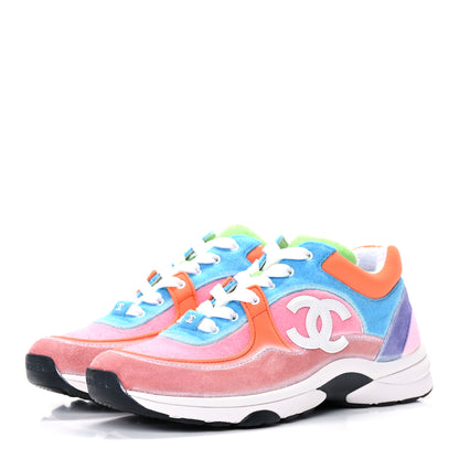Chanel Fabric Calfskin Suede CC Womens Sneakers 38 White Multicolor 3 of 8