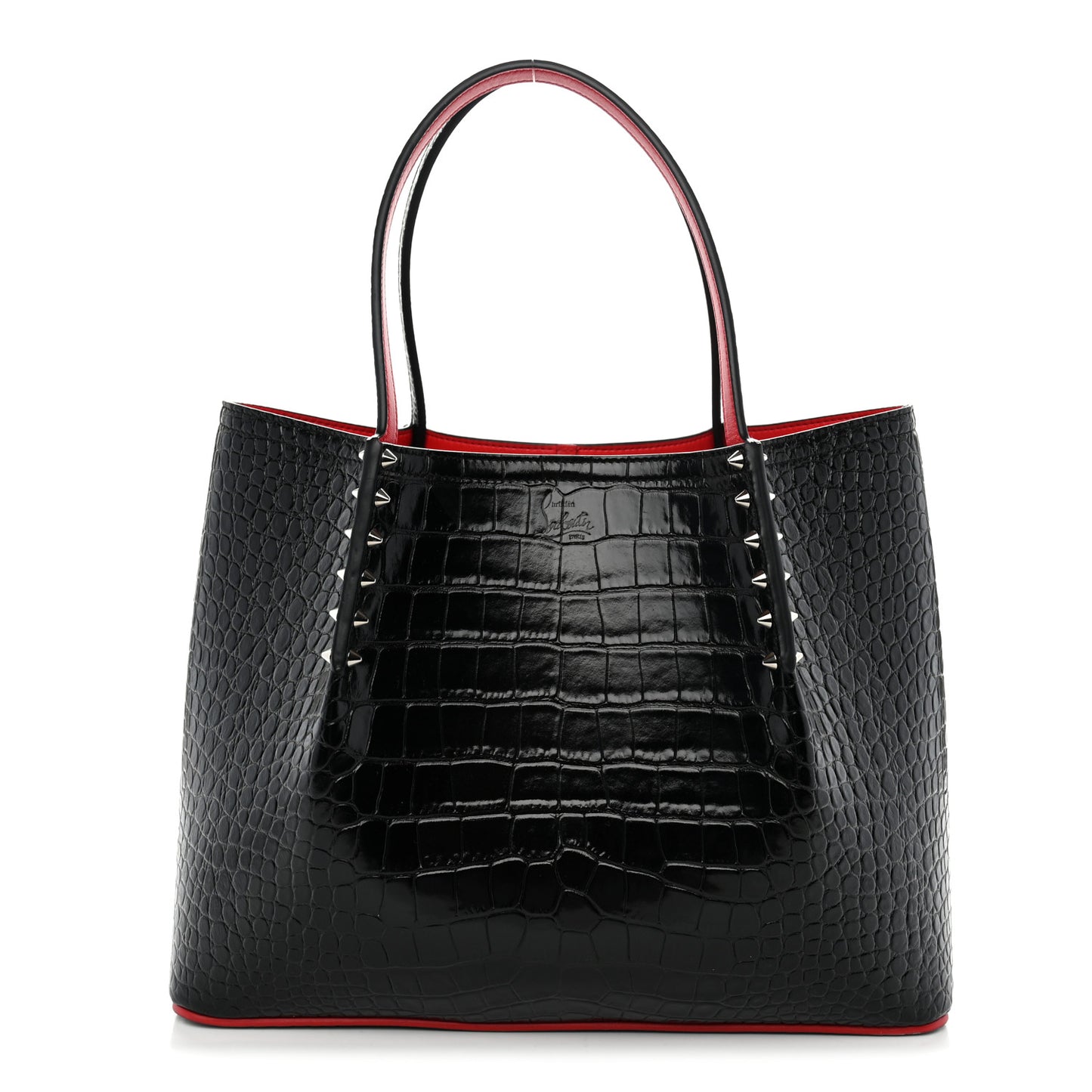 Crocodile Embossed Calfskin Spiked Small Cabarock Shopper Tote Black