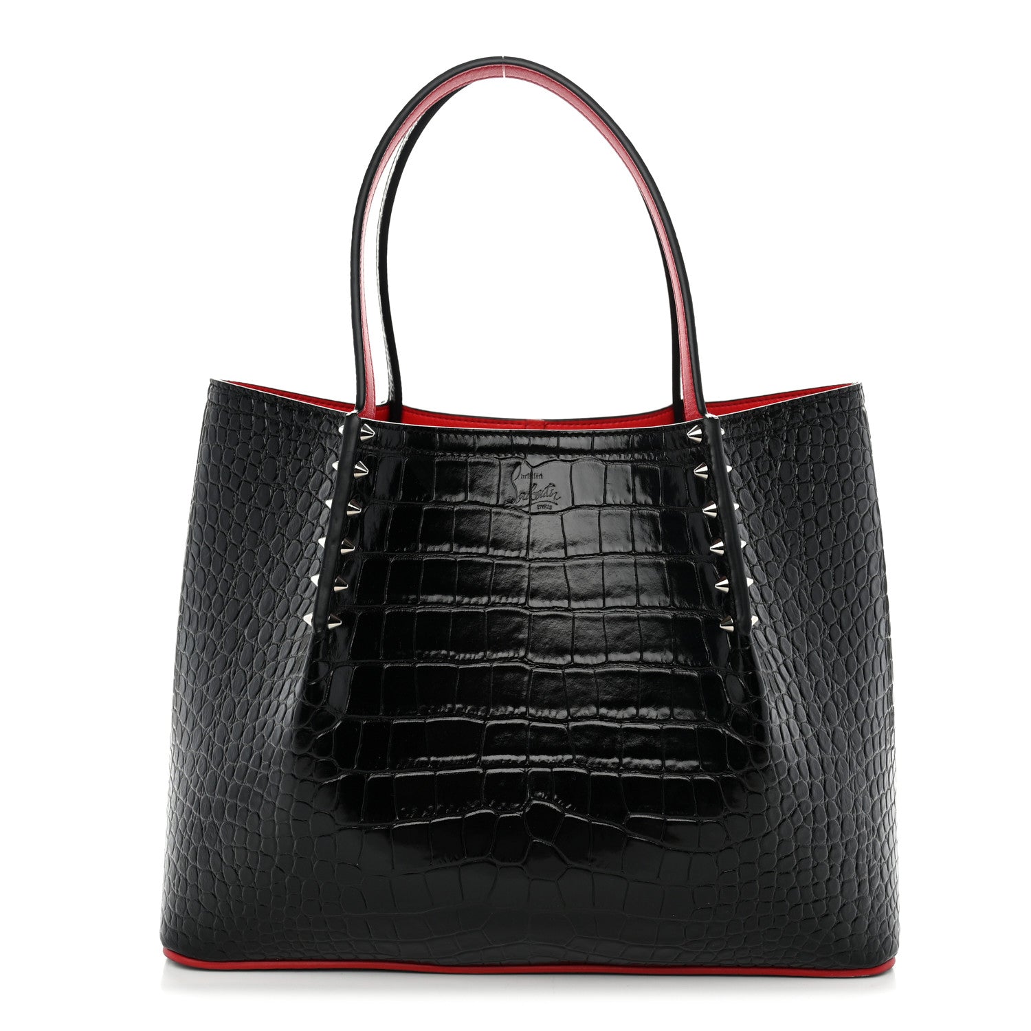 Christian Louboutin Crocodile Embossed Calfskin Spiked Small Cabarock Shopper Tote Black 1 of 9