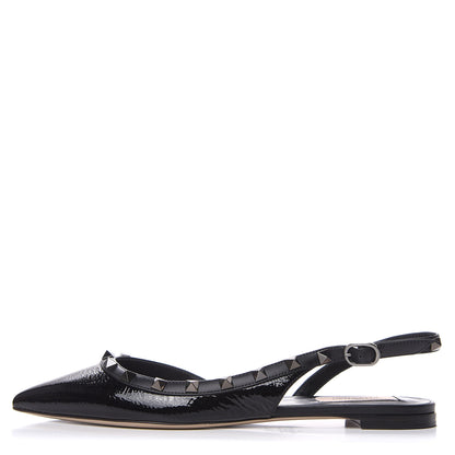 Valentino Garavani Crinkled Patent Calfskin Rockstud Slingback Flats 37.5 Black 1 of 9