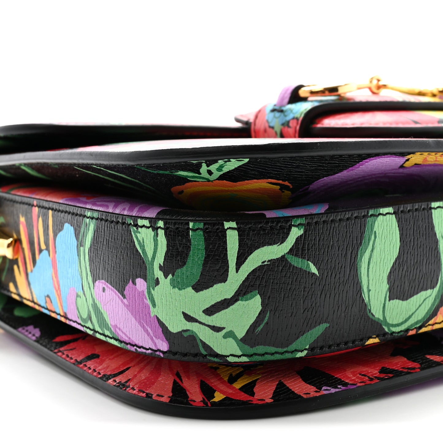X KEN SCOTT New Shangai Calfskin Jenny Floral Print Horsebit 1955 Shoulder Bag Black Pink