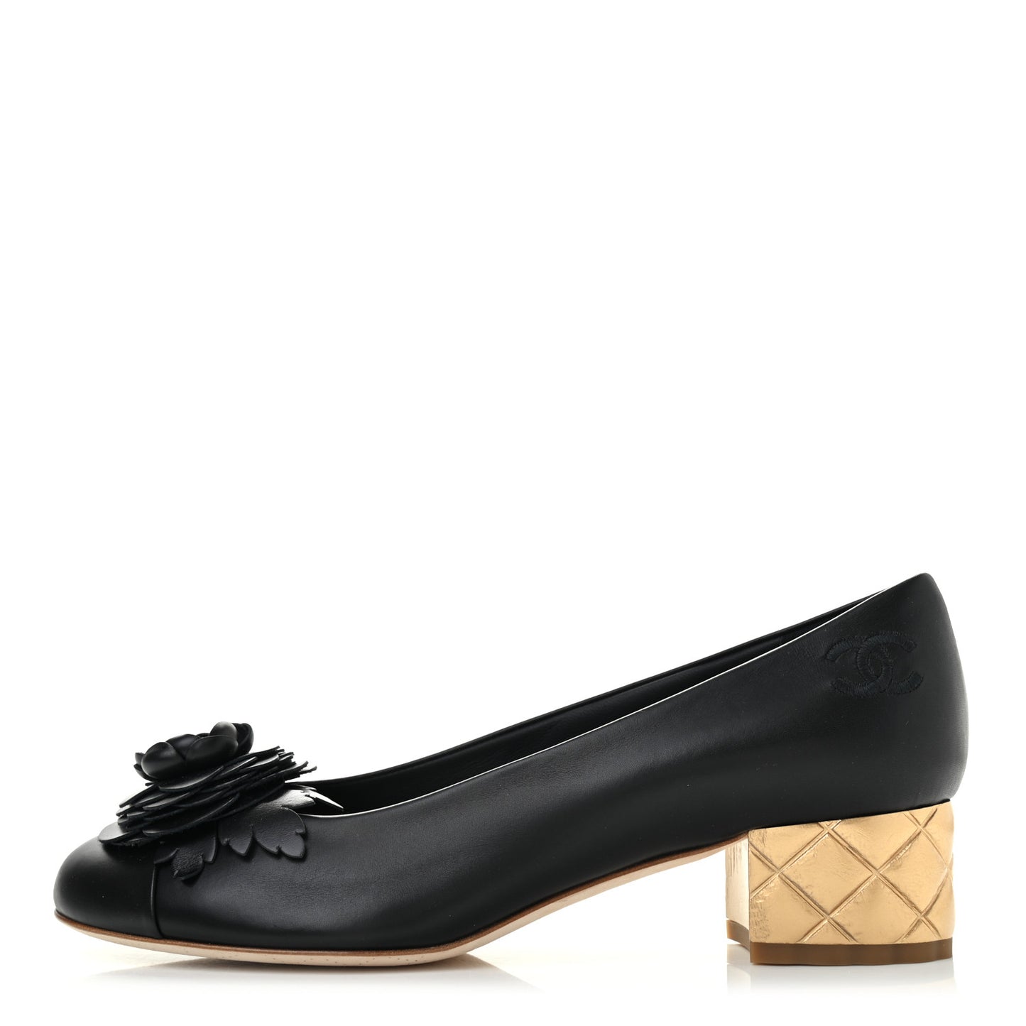 Calfskin Pearl Camellia Pumps 38.5 Black Gold