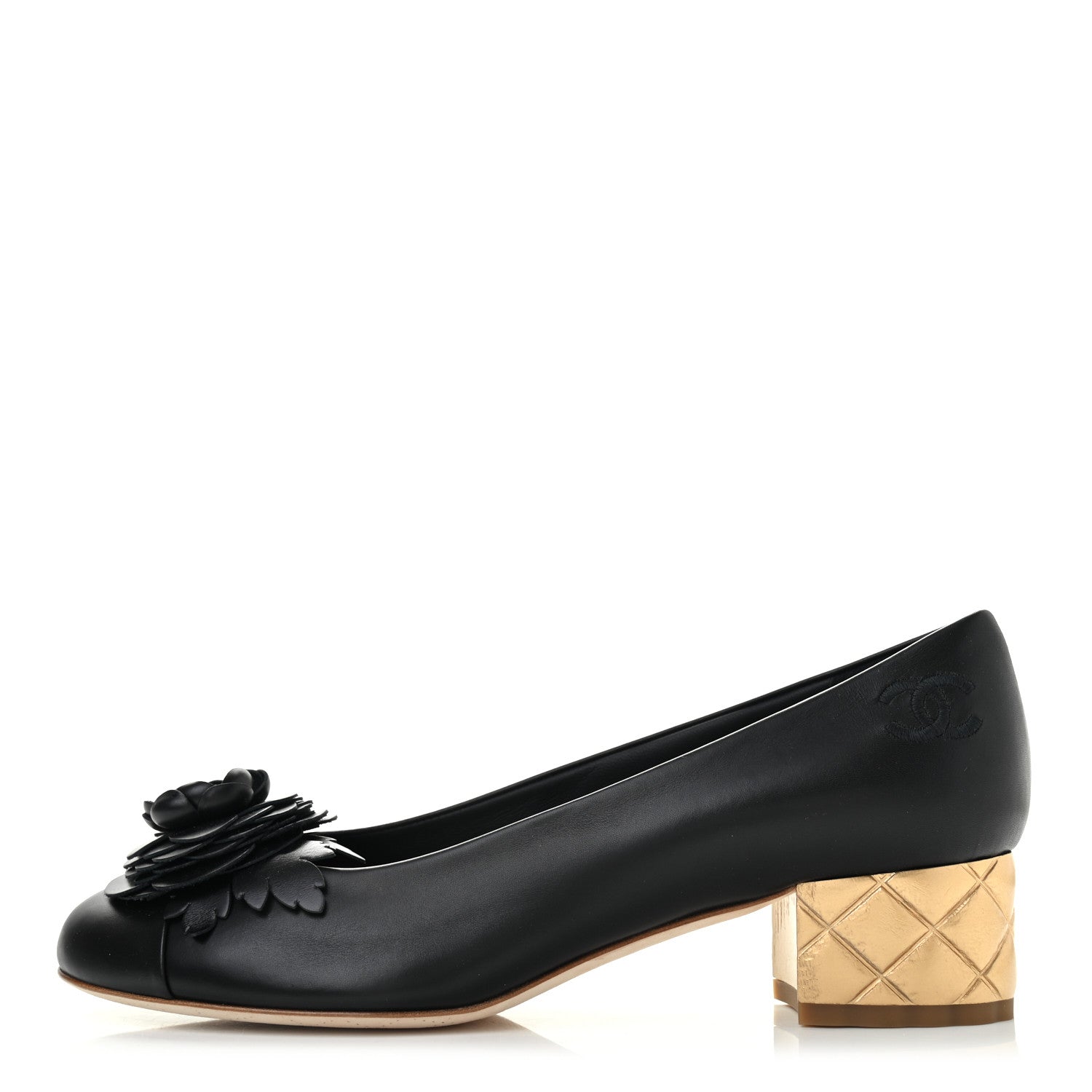Chanel Calfskin Pearl Camellia Pumps 38.5 Black Gold 1 of 9