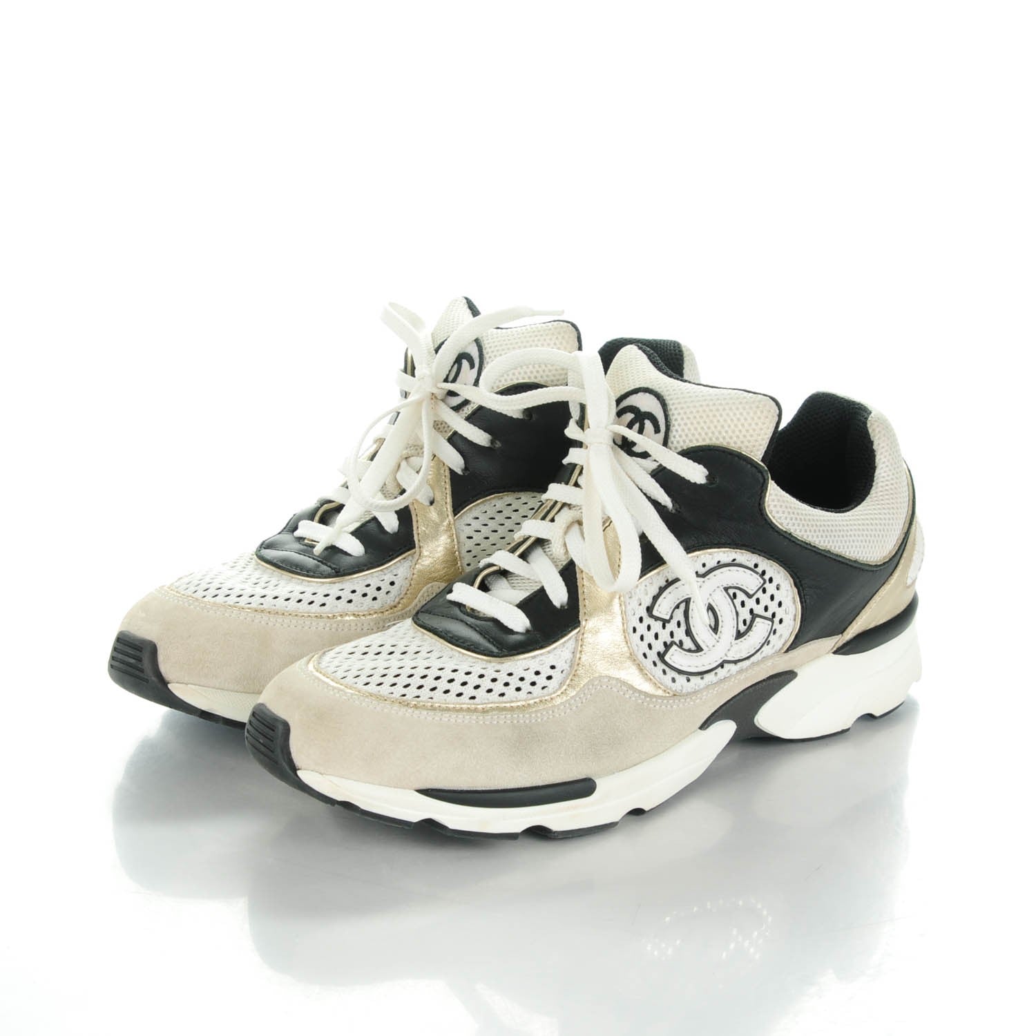 Chanel Suede Calfskin CC Sneakers 39 White Black Gold 3 of 6