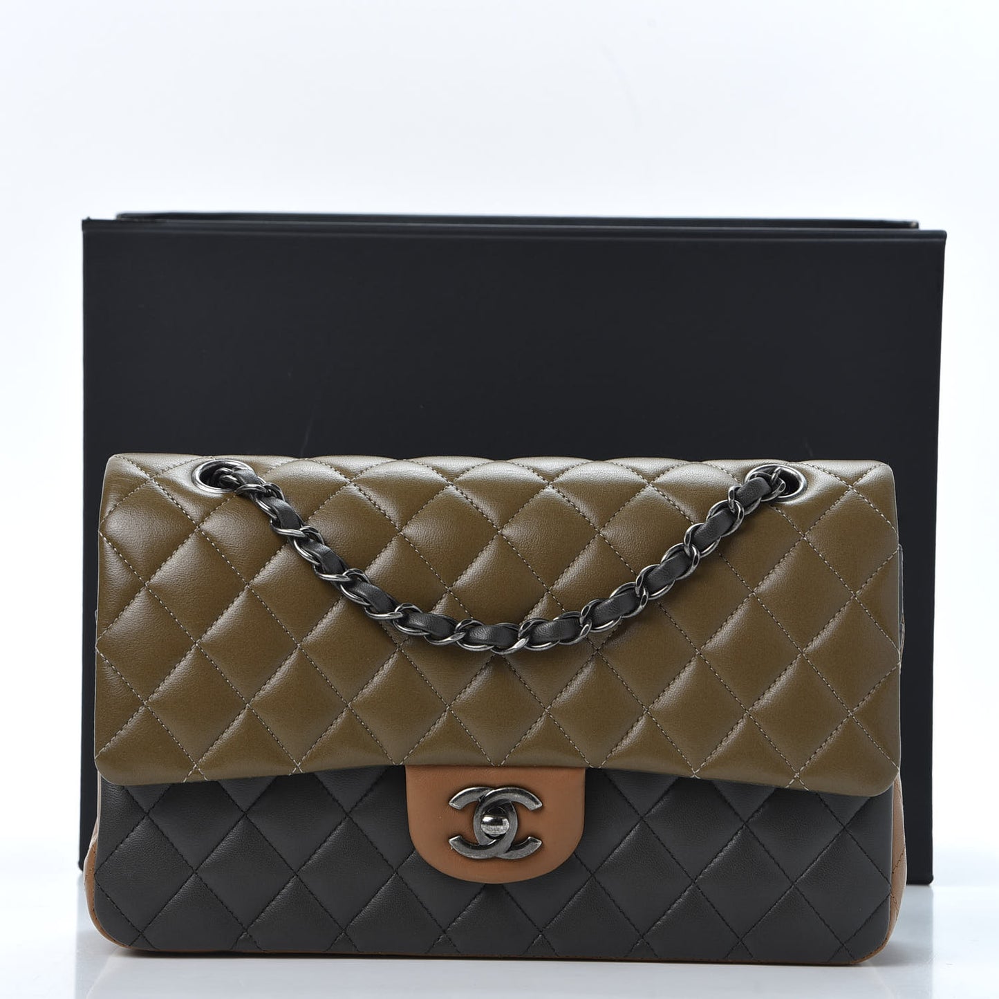 Lambskin Quilted Tri-Color Medium Double Flap Green Black Brown
