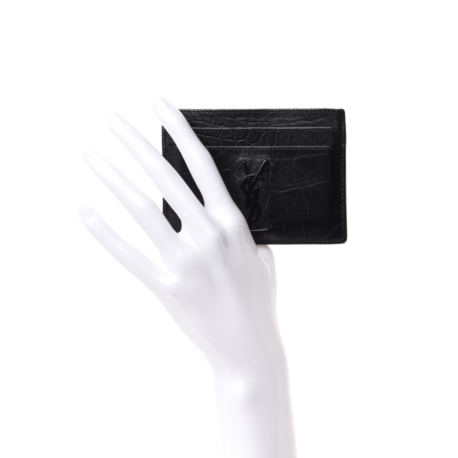 Saint Laurent Calfskin Crocodile Embossed Monogram Credit Card Case Black 2 of 7