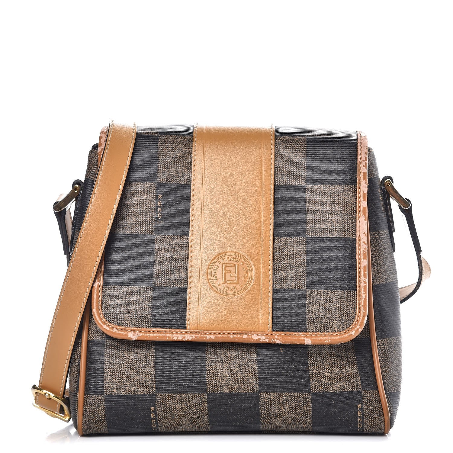 Fendi Coated Canvas Checkered Crossbody Bag Tobacco Tan 1 of 14