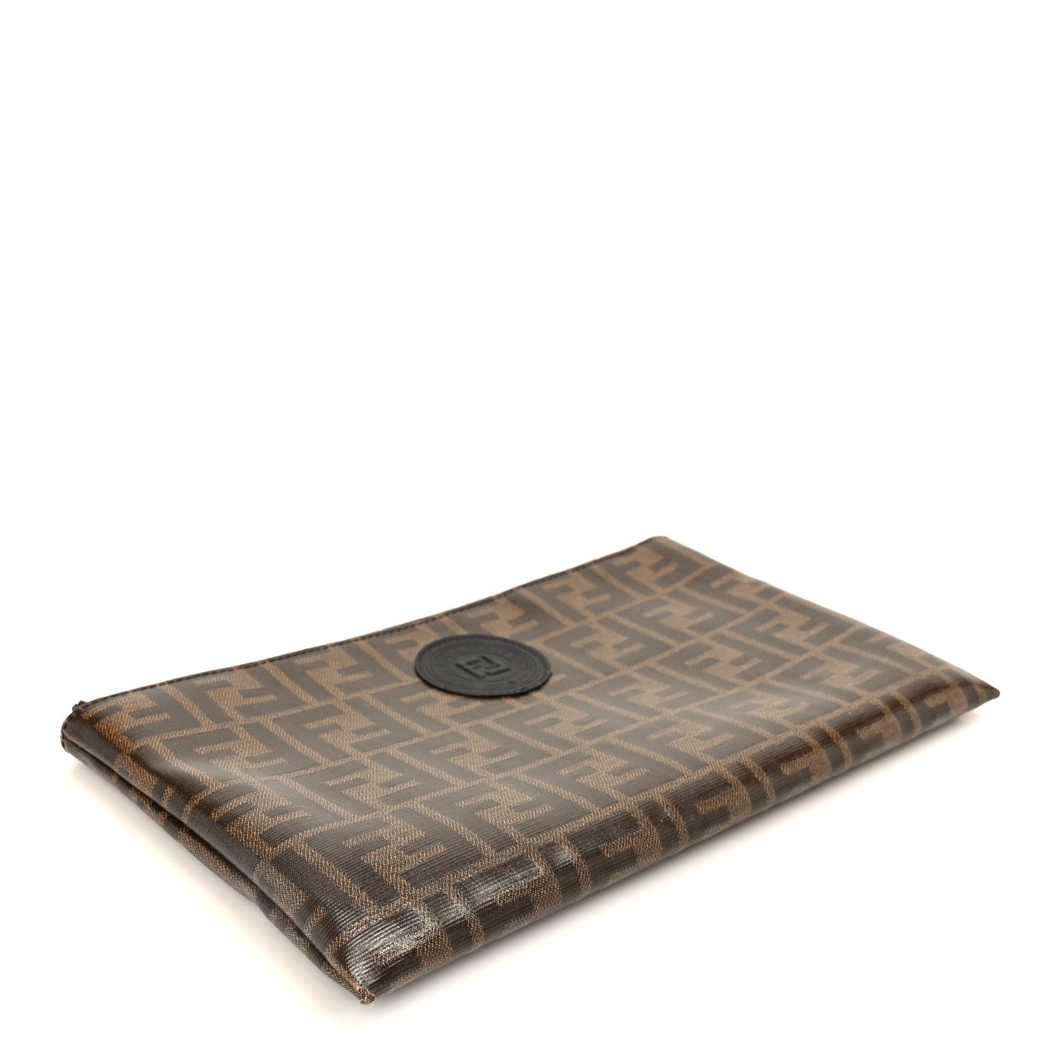 Fendi Glazed Fabric Vitello Century FF 1974 Stamp Patch Large Flat Pouch Mogano Panna Black 3 of 6