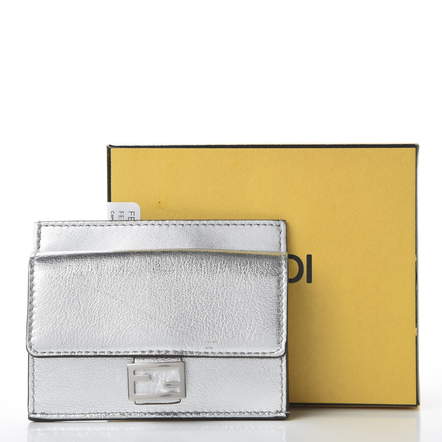 Fendi Vitello Catalan Mirror FF 1974 Embossed Fold Over Card Holder Wallet Argento 11 of 11