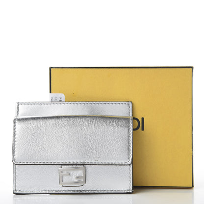 Fendi Vitello Catalan Mirror FF 1974 Embossed Fold Over Card Holder Wallet Argento 11 of 11