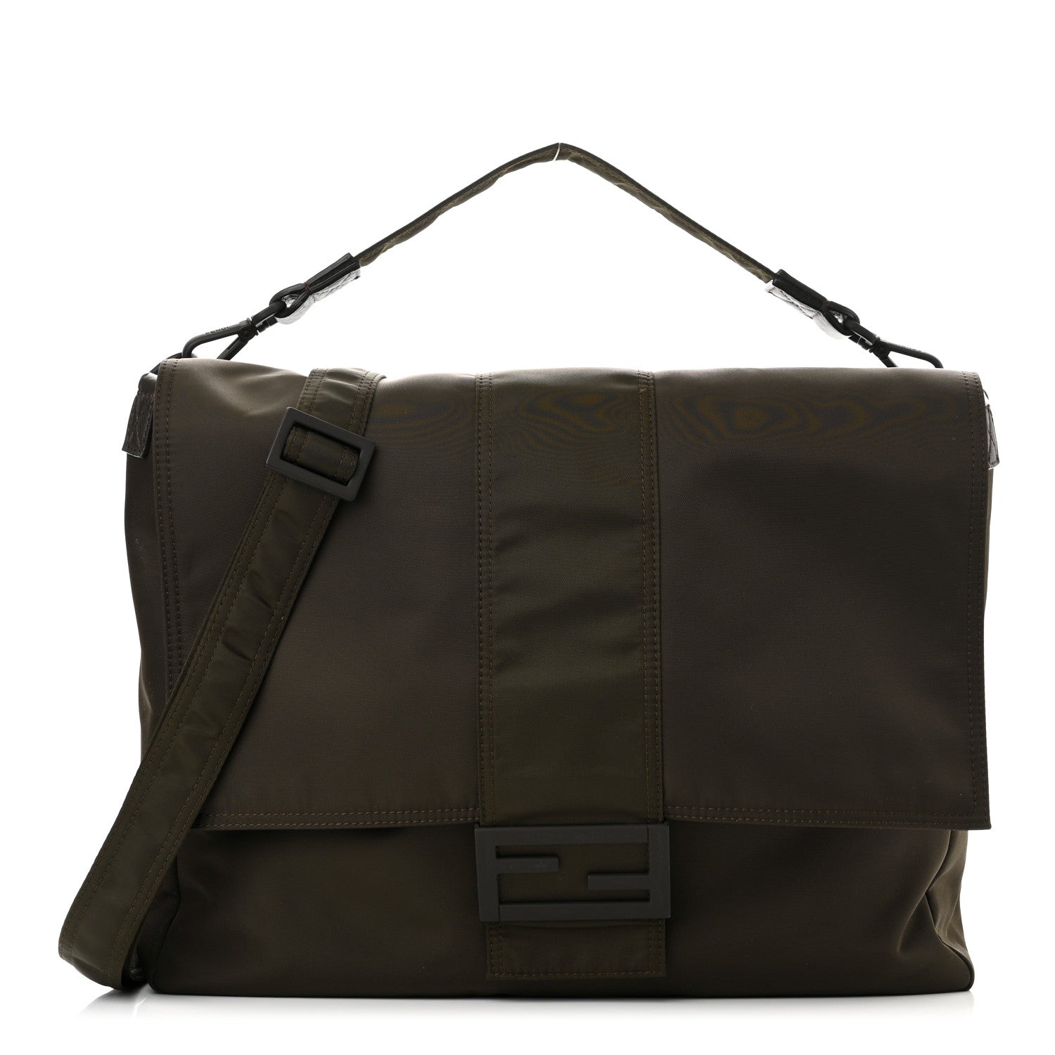 Fendi Econyl Nylon Cuoio Romano Monochrome Large Baguette Messenger Bag Ebano 1 of 10