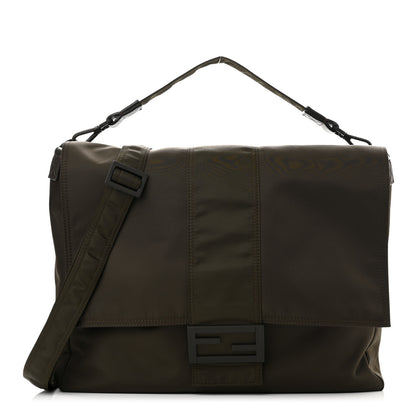 Fendi Econyl Nylon Cuoio Romano Monochrome Large Baguette Messenger Bag Ebano 1 of 10