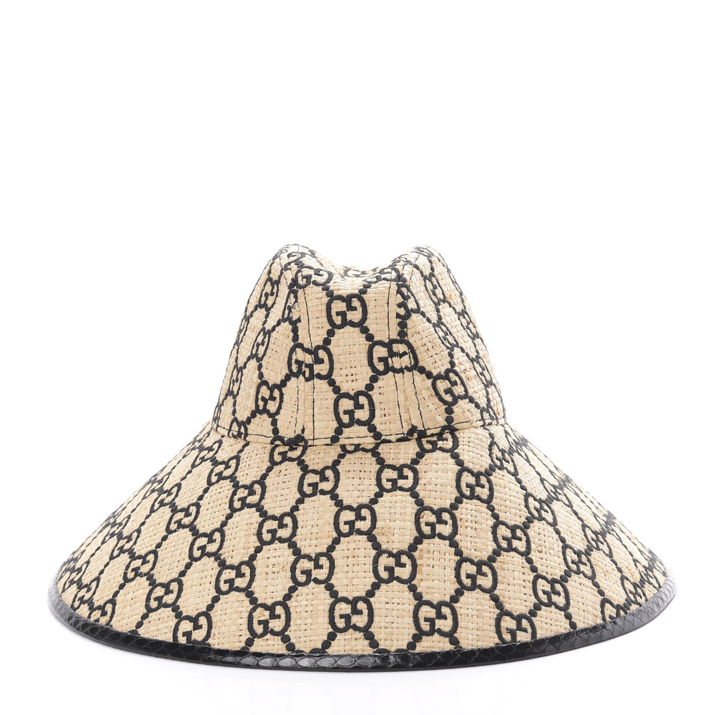 Raffia Elaphe GG Monogram Embroidered Wide Brim Hat Ivory Black