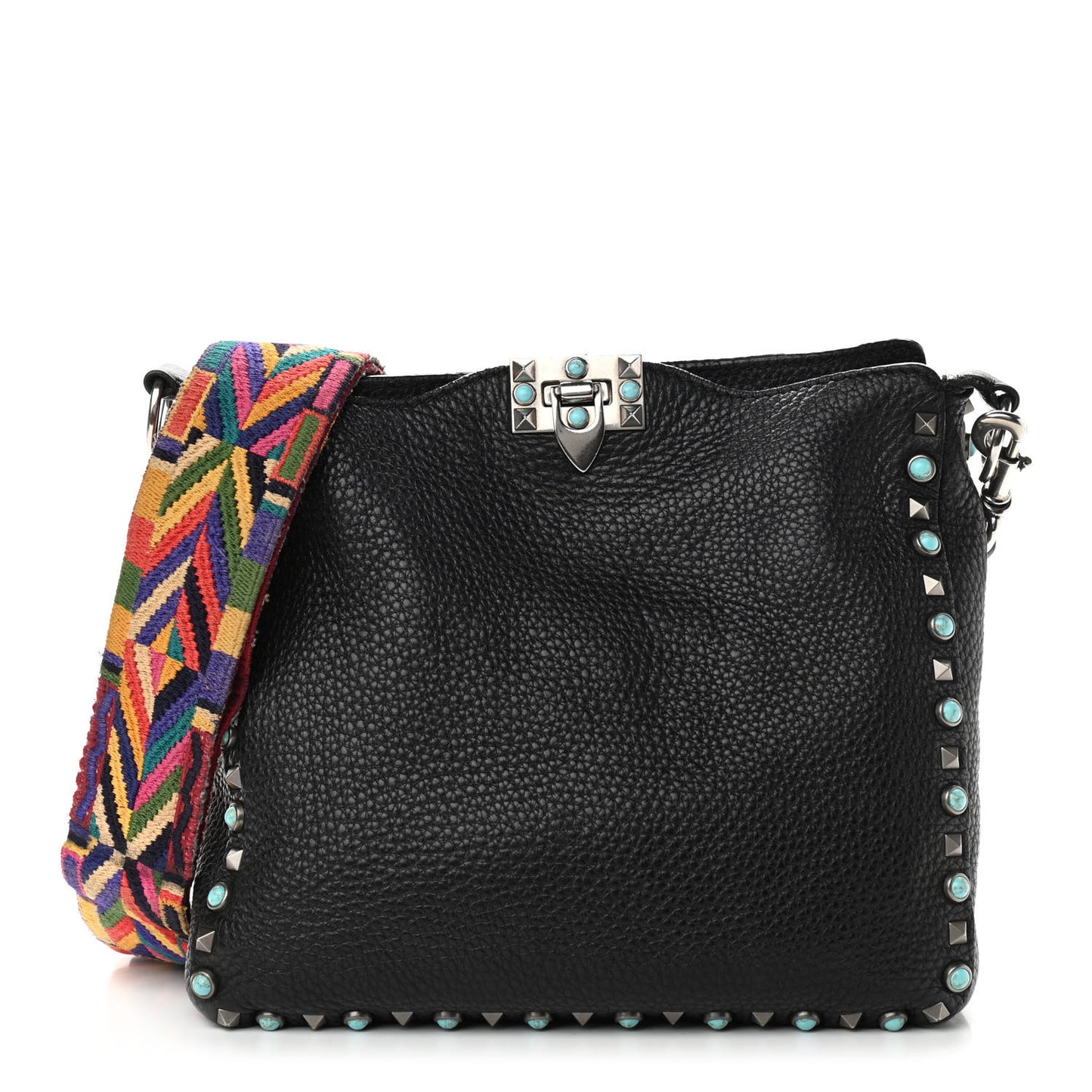 Pebbled Calfskin Tribal Small Guitar Strap Rockstud Rolling Flip-Lock Messenger Bag Black