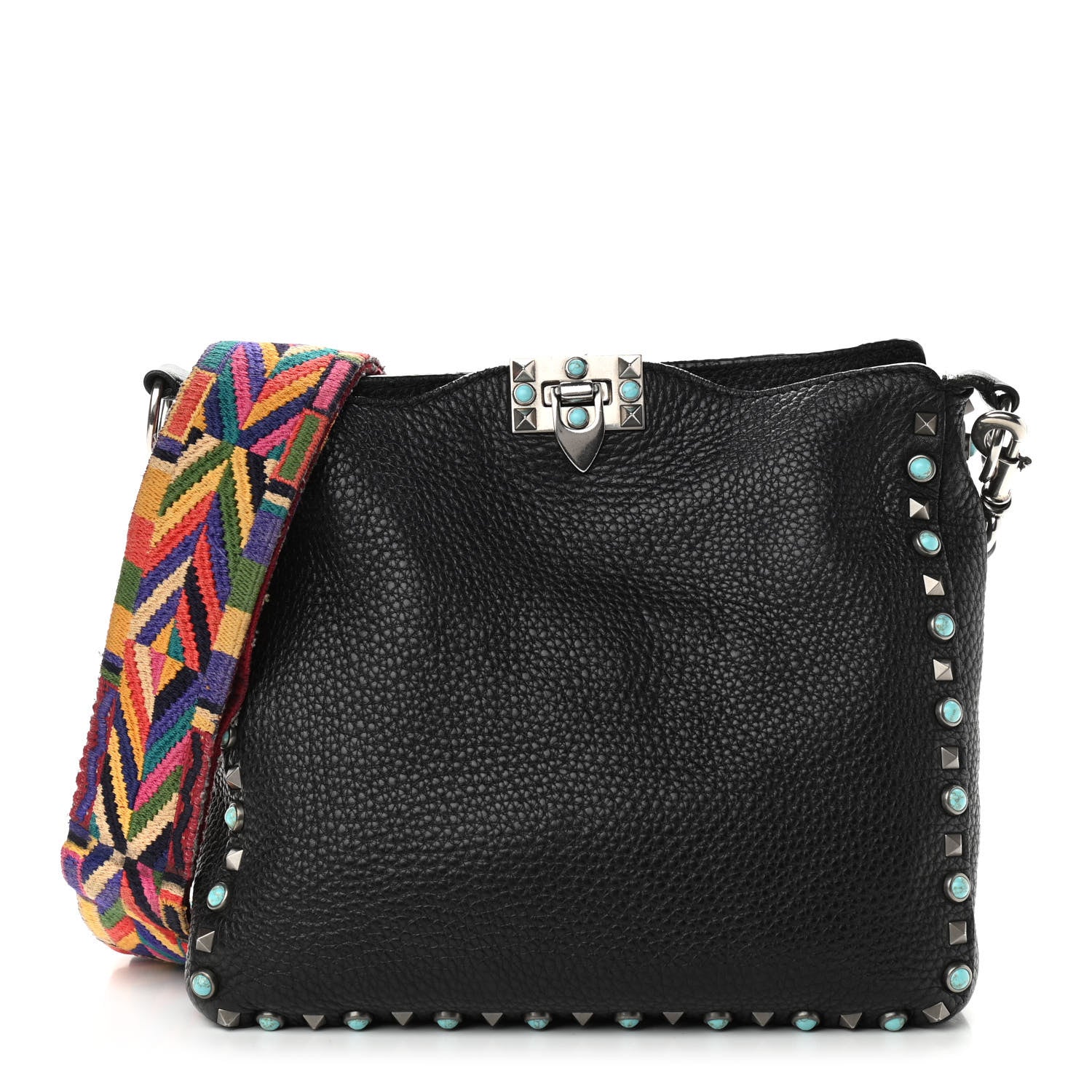 Valentino Garavani Pebbled Calfskin Tribal Small Guitar Strap Rockstud Rolling Flip-Lock Messenger Bag Black 1 of 13