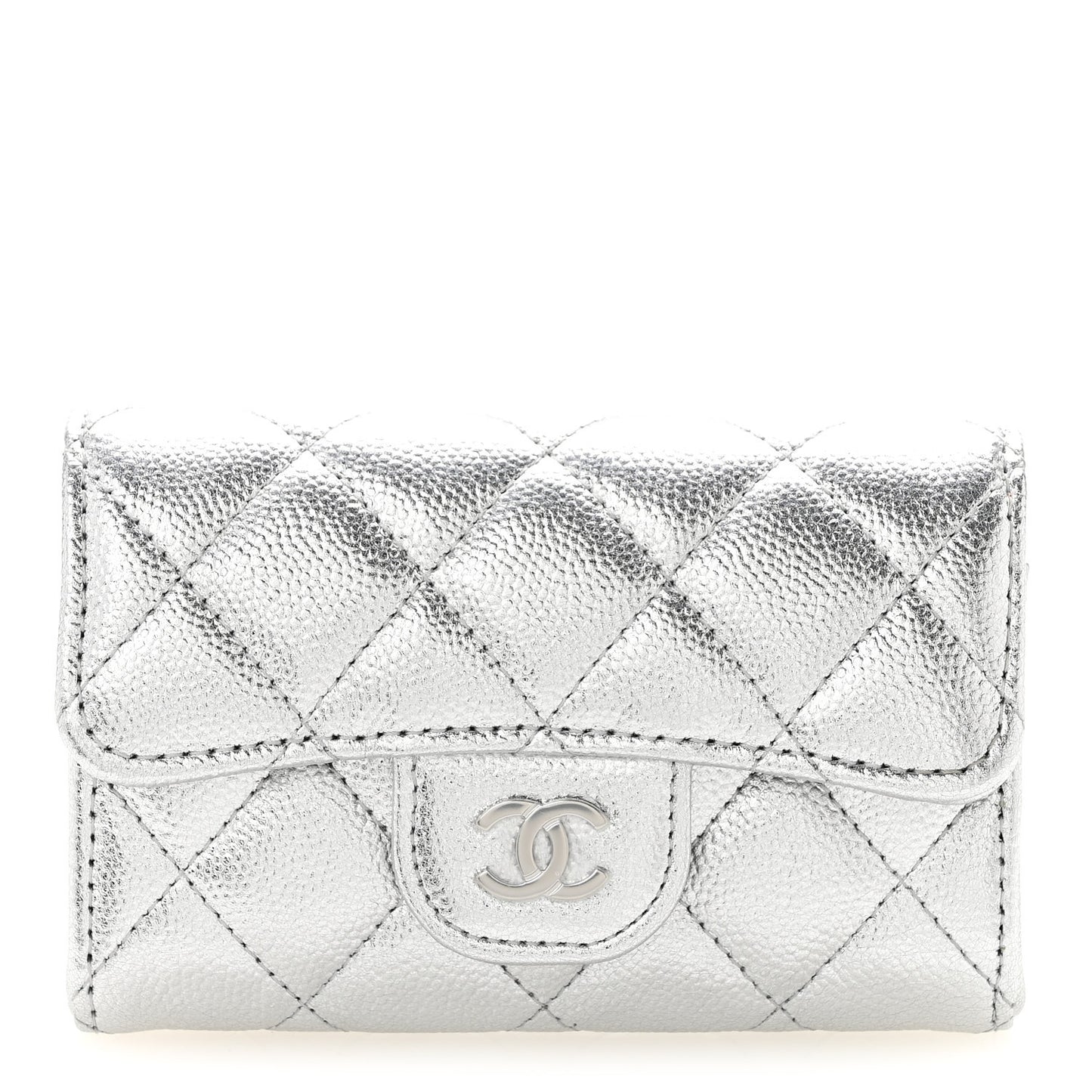 Glittered Metallic Caviar Quilted Flap Card Holder Wallet Silver