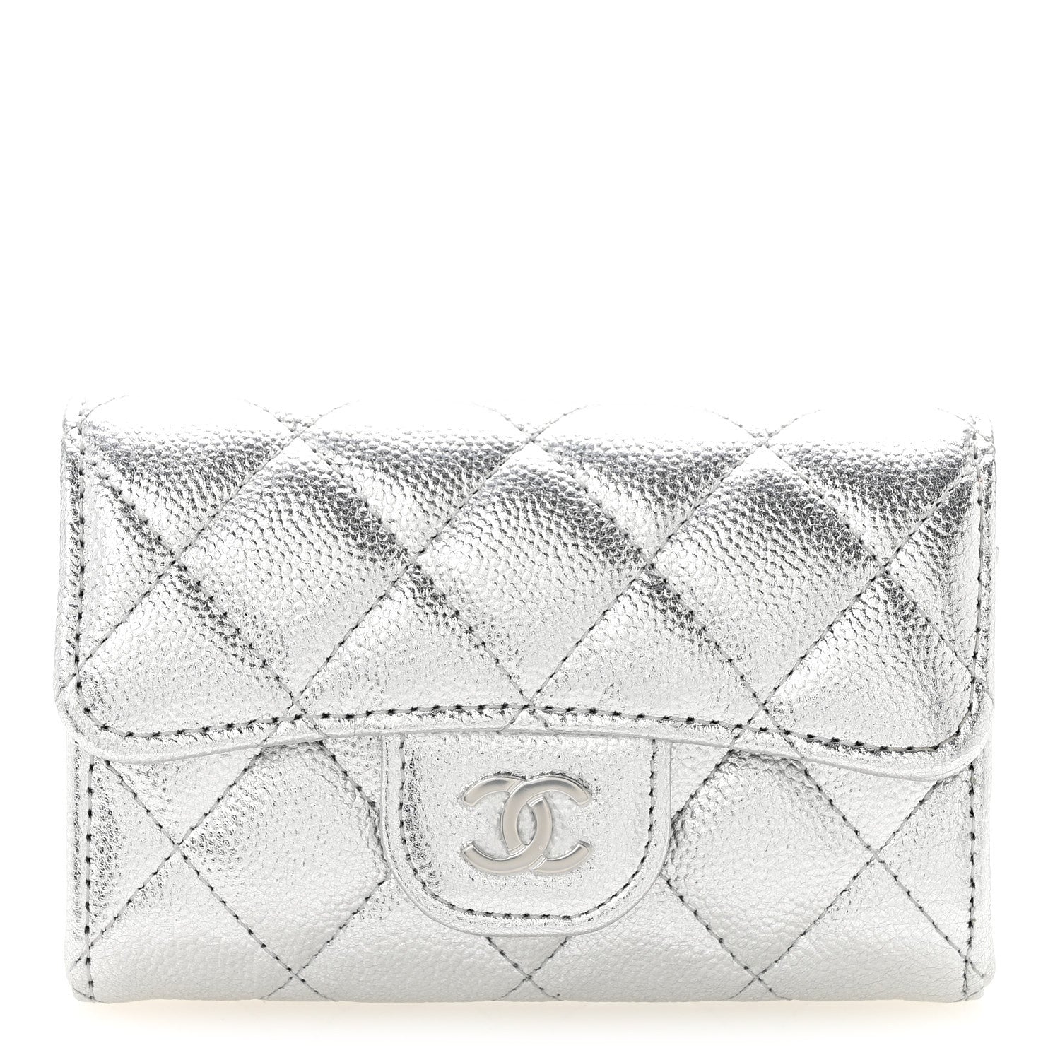 Chanel Glittered Metallic Caviar Quilted Flap Card Holder Wallet Silver 1 of 9
