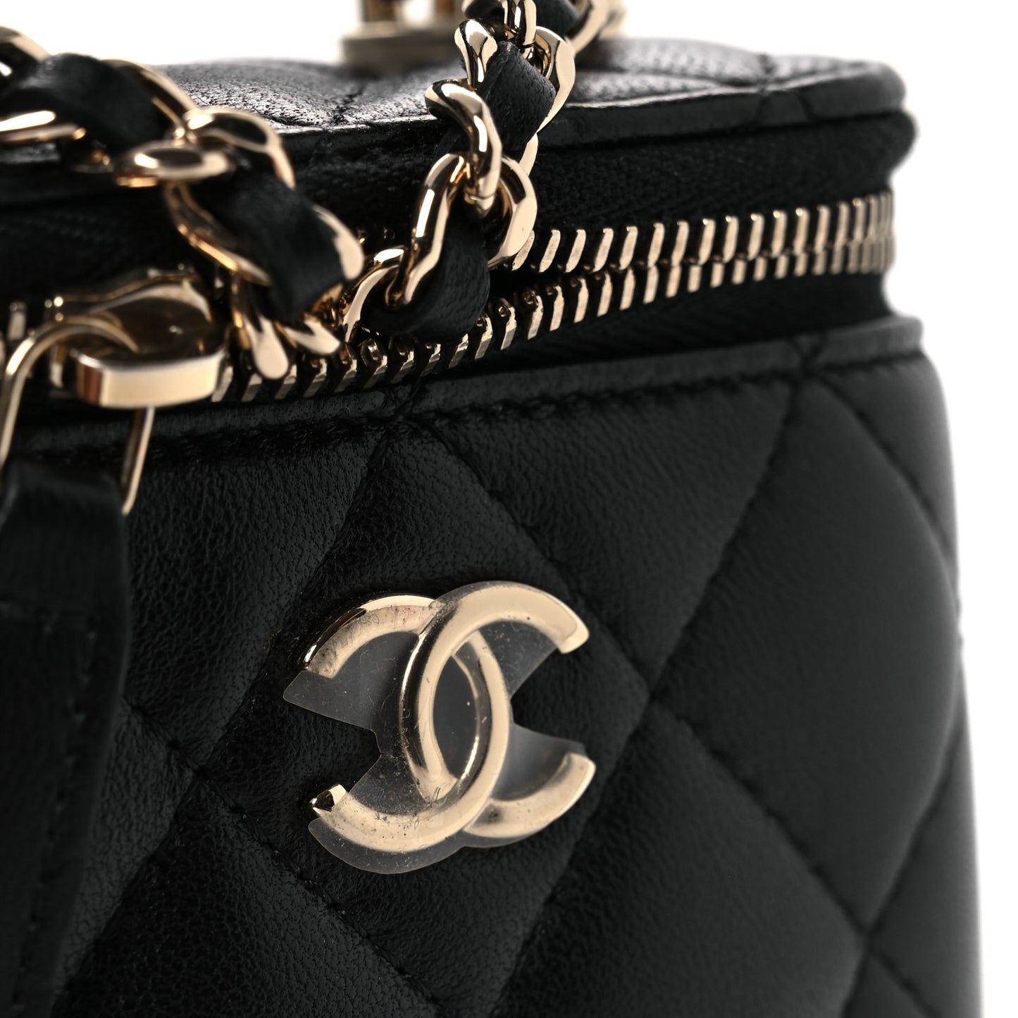 Lambskin Quilted Top Handle Mini Vanity Case With Chain Black
