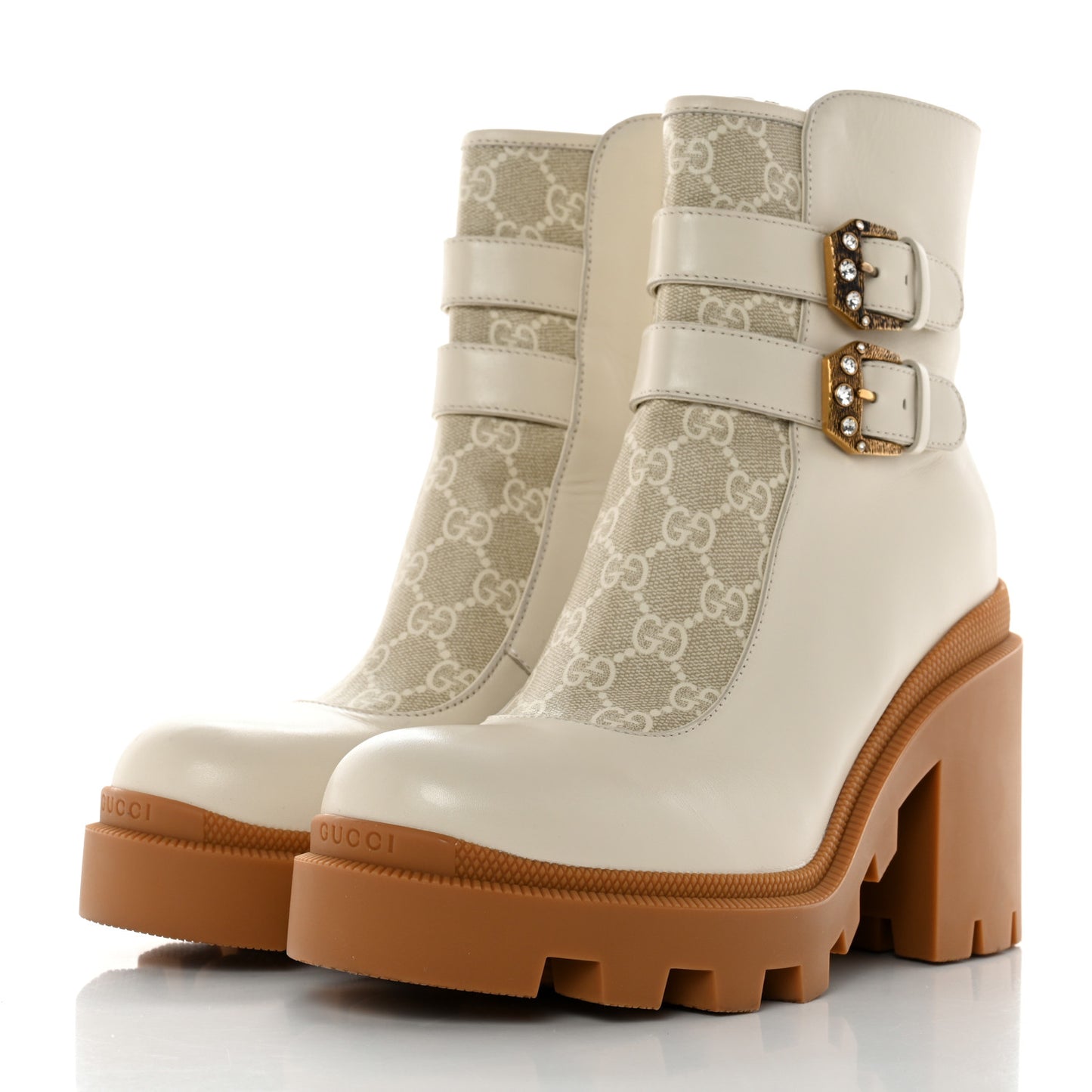 Kensington Calfskin Nappa GG Supreme Monogram Womens Double Buckle Ankle Boots 40 Mystic White Beige