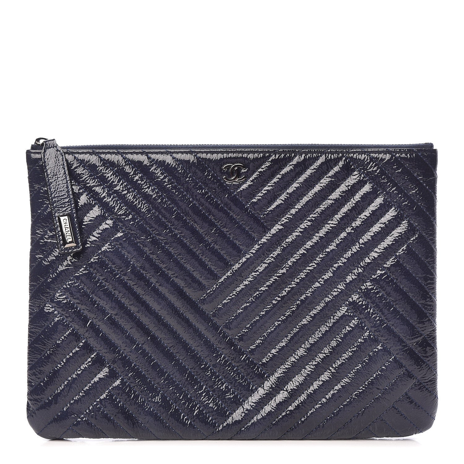 Chanel Distressed Patent Chevron Quilted Medium CC Crossing Cosmetic Case Blue 1 of 10