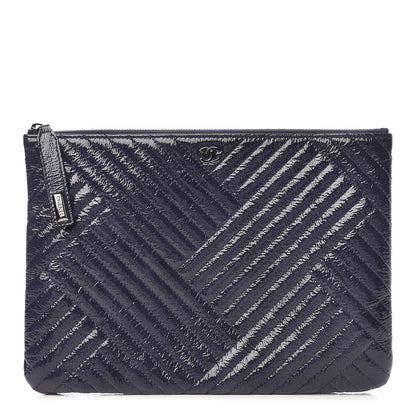Chanel Distressed Patent Chevron Quilted Medium CC Crossing Cosmetic Case Blue 1 of 10